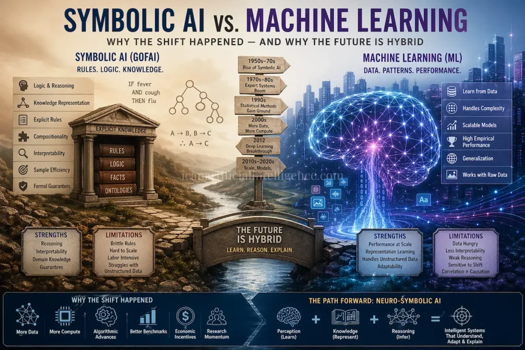 Infographic comparing Symbolic AI and Machine Learning, explaining the shift from rule-based systems to data-driven deep learning and the rise of hybrid neuro-symbolic AI.