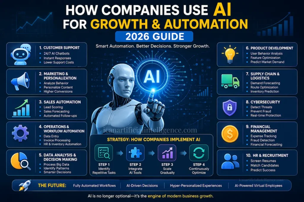 AI in business infographic showing how companies use artificial intelligence for growth, automation, marketing, customer support, and operations in 2026