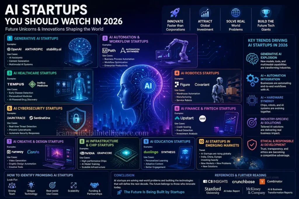AI startups to watch in 2026 infographic showing generative AI, robotics, healthcare, fintech, and cybersecurity innovations