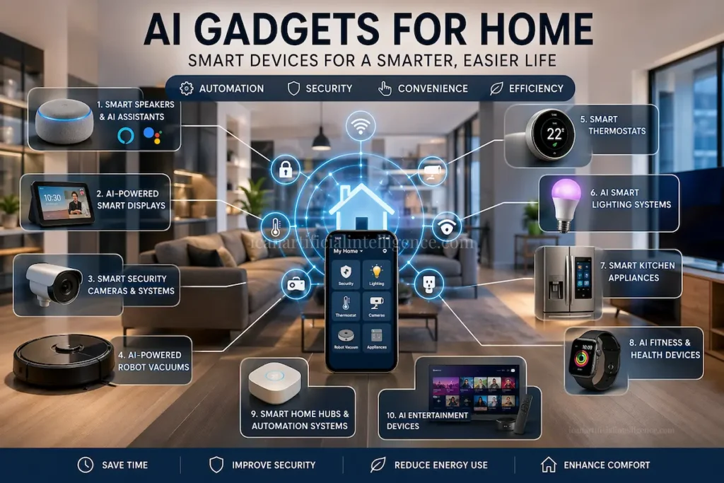 AI gadgets for home including smart speakers, security cameras, robot vacuums, and smart lighting in a modern connected living space
