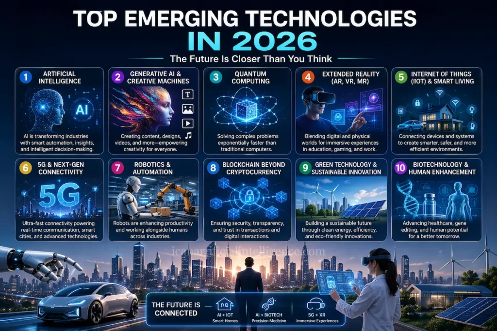 Top emerging technologies in 2026 infographic showing AI, generative AI, quantum computing, 5G, IoT, blockchain, robotics, green technology, and future tech trends.